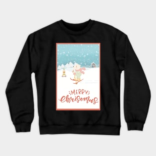 Skiing teddybear in the snow. Happy Santa sitting on the Christmas gifts.Merry Christmas. Crewneck Sweatshirt